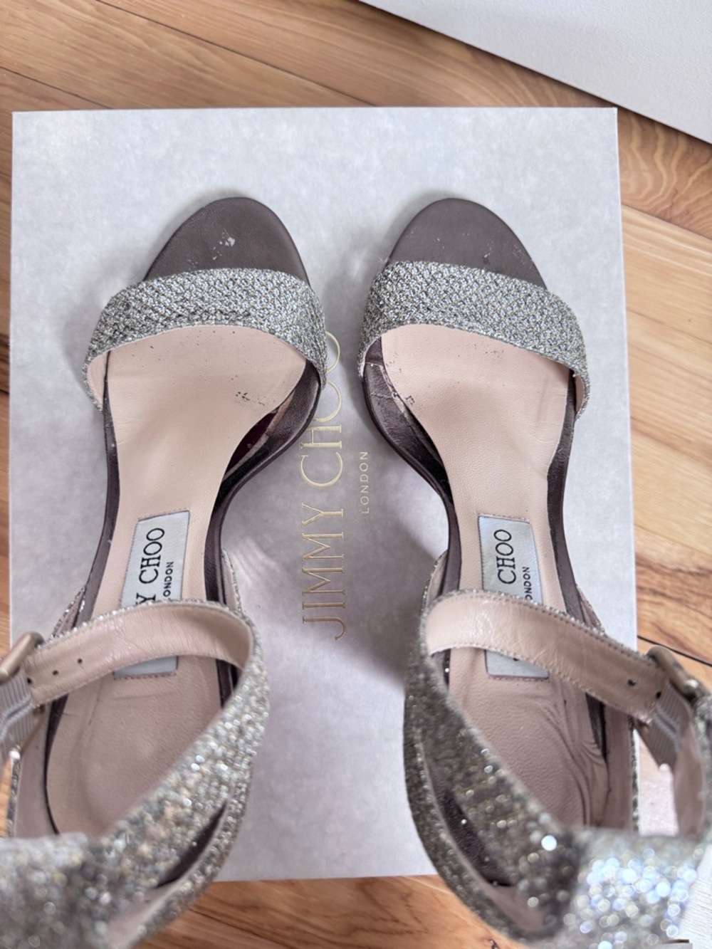 Jimmy Choo Edina 85 mm champagne Metallic Gold Glitter Ankle-Strap Block Heels - Picture 6 of 12